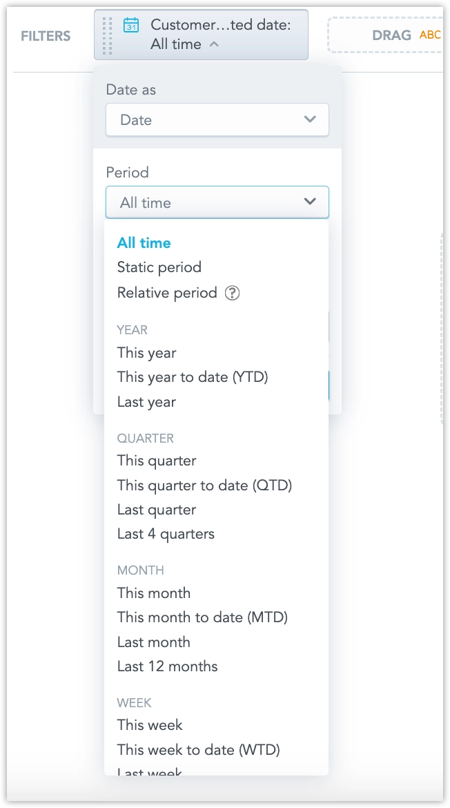 Date filter dropdown with Date as set to Date and the Period section showing options like Last 7 days, Last 30 days, and This month.