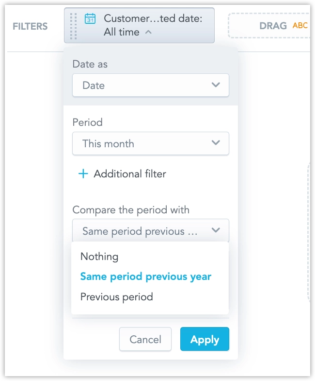 Date filter dropdown with Period set to This month. Below that, the Compare the period with dropdown shows Nothing, Same period previous year, and Previous period as selectable options.