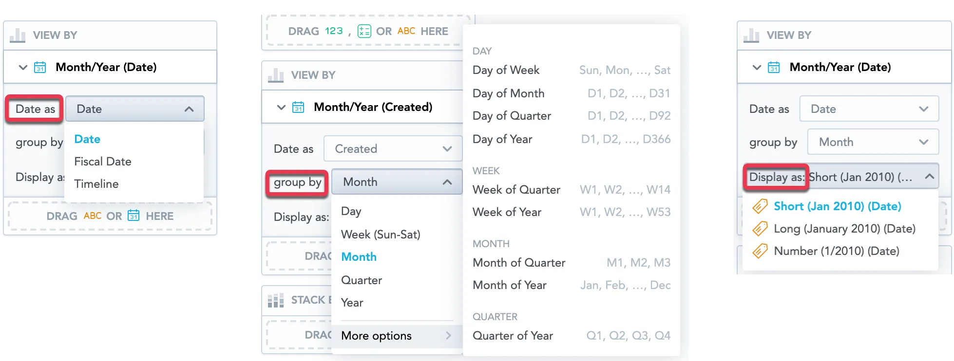 The View by configuration panel with options to define how date attributes are interpreted. The Date as, Group by, and Display as dropdown menus are expanded. The Date as dropdown menu shows choices like date, fiscal date, and timeline. The Group by dropdown menu shows choices like day, week, and month. The Display as dropdown menu shows choices like short or long date labels.