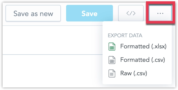 A visualization in the Analytical Designer with its menu open in the top right corner. The Export option is selected and the submenu displays three export formats: XLSX, formatted CSV, and CSV raw.