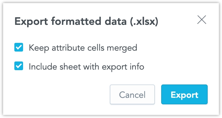 Export to XLSX dialog box with a checkbox labeled Keep attribute cells merged selected. Buttons for cancel and export appear at the bottom of the dialog.