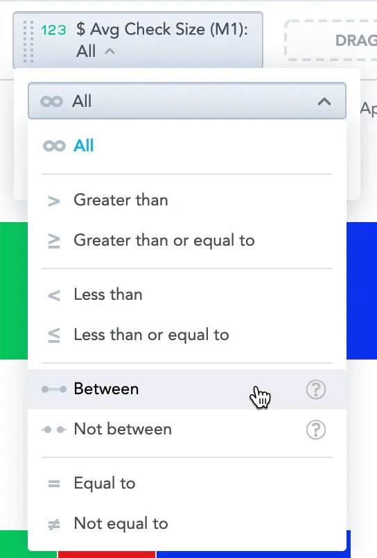 In this example, the user clicked on Avg Check Size. This shows the dropdown menu with metric value filter conditions. The Between option is selected in the list of logical operators.