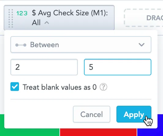 Metric value filter configuration for Avg Check Size using the Between condition. Numeric values 2 and 5 are entered in the input fields. The Treat blank values as 0 option is checked. The Apply button is highlighted in the bottom-right corner of the dialog.