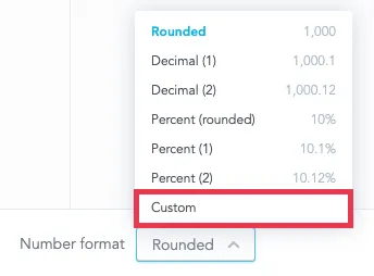 Number format dropdown is expanded. The last item in the list, labeled custom, is visually highlighted.
