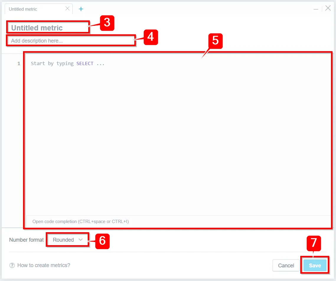 Metric Editor for a new metric with multiple elements highlighted. The metric name field at the top left, the description input below it, the MAQL editor covering the center of the panel, the number format dropdown at the bottom left, and the Save button highlighted in the bottom right corner.