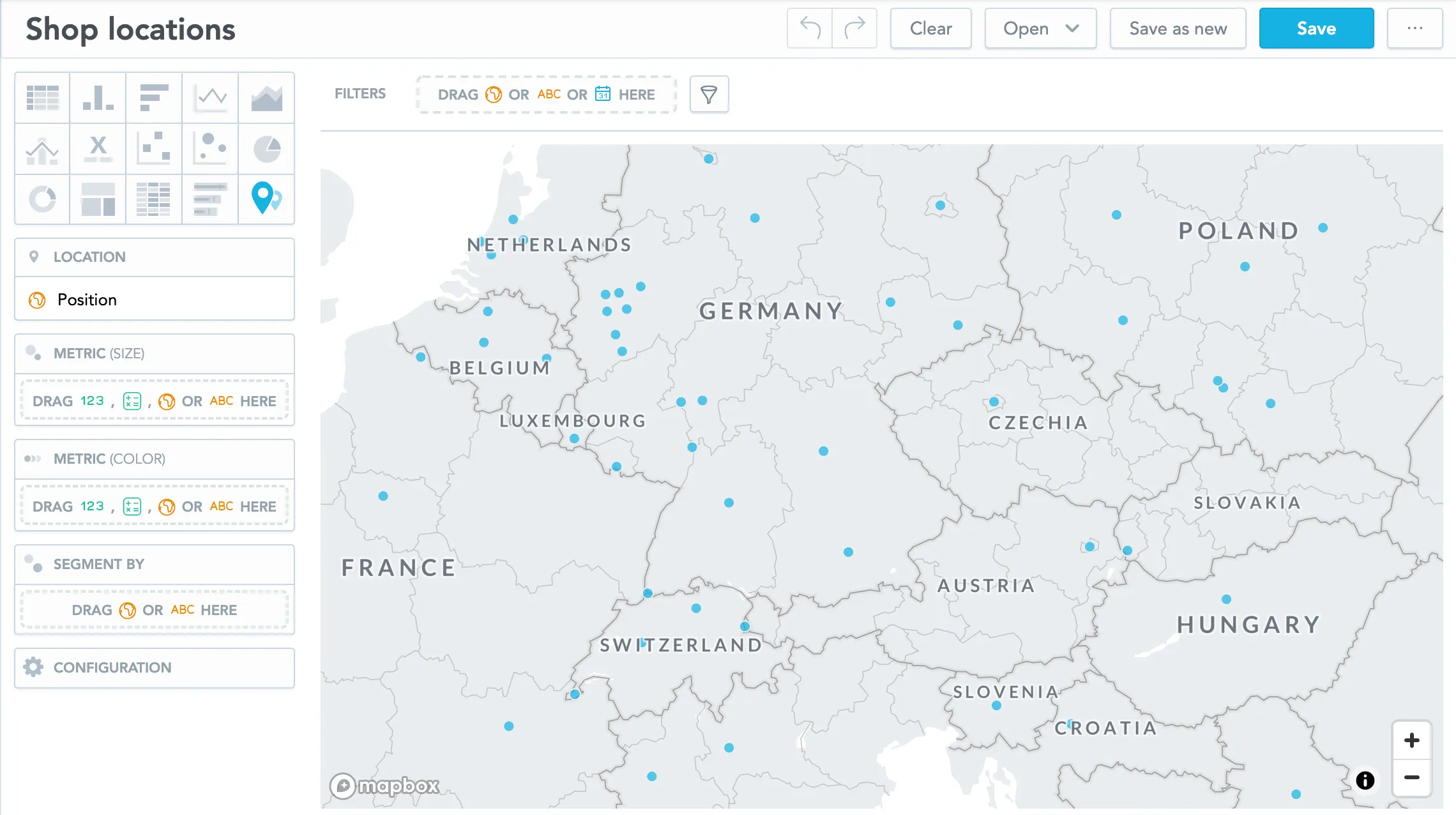 Map with blue dots showing shop locations. Each dot represents a shop location using the Position attribute in the Location bucket in the left panel. No size or color metric is applied.