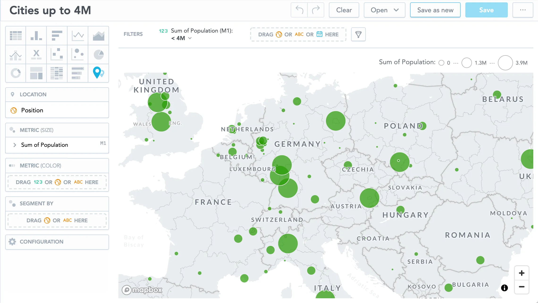 Map with green circles of varying sizes showing city population under 4 million. The Position attribute is in the Location bucket and Sum of Population is in the Metric (size) bucket.