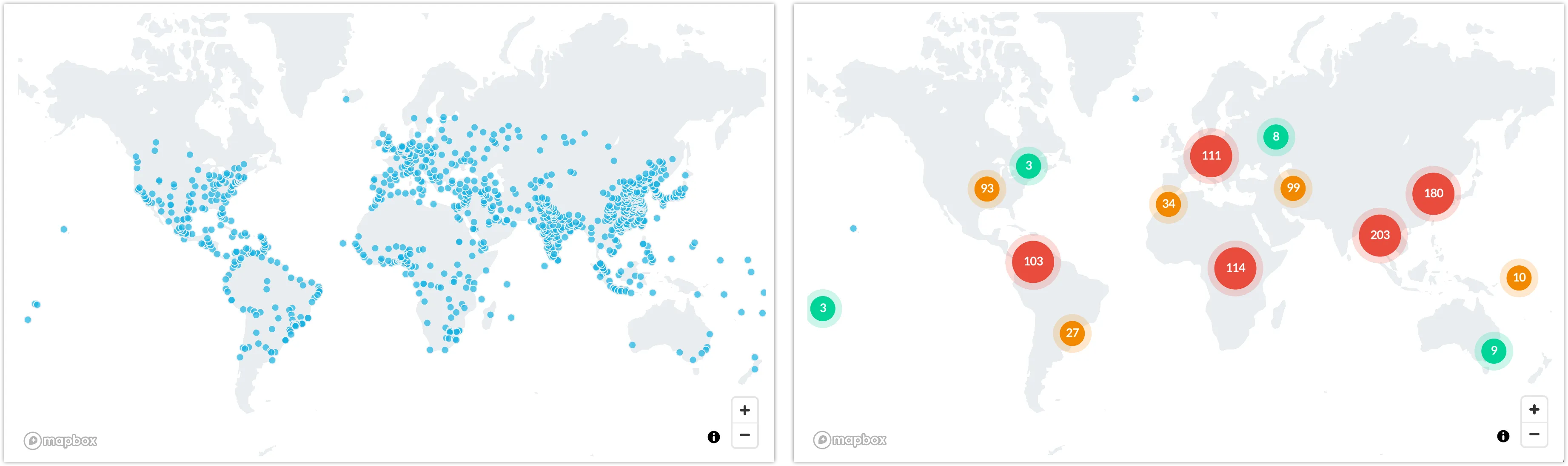 Side-by-side maps showing ungrouped and grouped points across the world. Left map displays individual blue points while the right map displays clustered circles with counts, demonstrating Group nearby points enabled in the Configuration section.