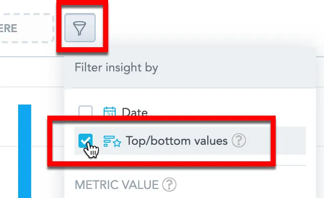 Filter bar dropdown open with the Top or bottom values selected.