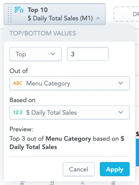 Top and bottom values filter settings with menu category as the filtered attribute and daily total sales as the metric. The top value is set to 3.