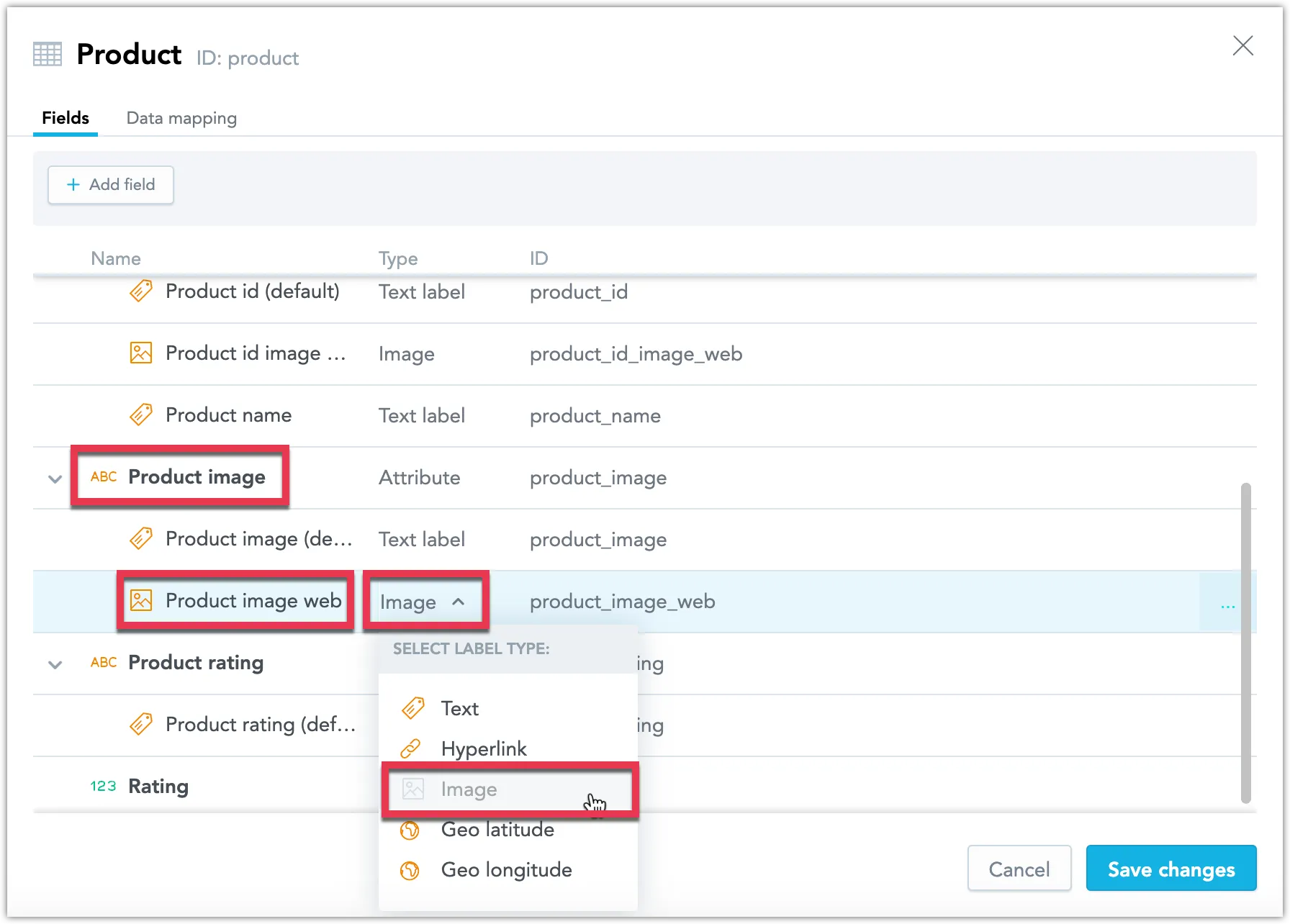 Dataset details panel showing the Product image attribute with a label type of Image selected from a dropdown for the field Product image web.