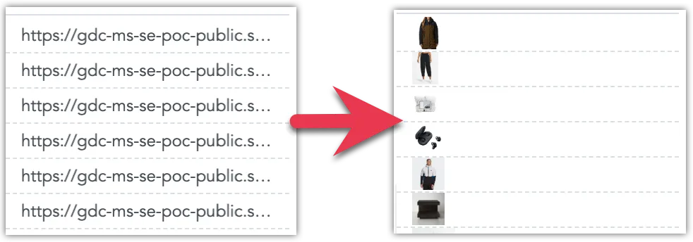Side-by-side comparison showing image URLs listed as plain text on the left and the corresponding product images displayed directly in the repeater on the right.