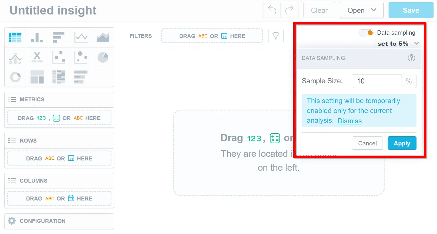 Empty Analytical Designer with the data sampling toggle in the top right corner. The toggle is turned on and set to 5 percent. A settings panel below the toggle is expanded. It allows setting the percentage of sample size and shows a message that the setting applies temporarily.