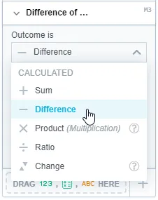 Calculated metric section with the Outcome is dropdown expanded to show available arithmetic functions including Sum, Difference, Product, Ratio, and Change. Difference is selected.