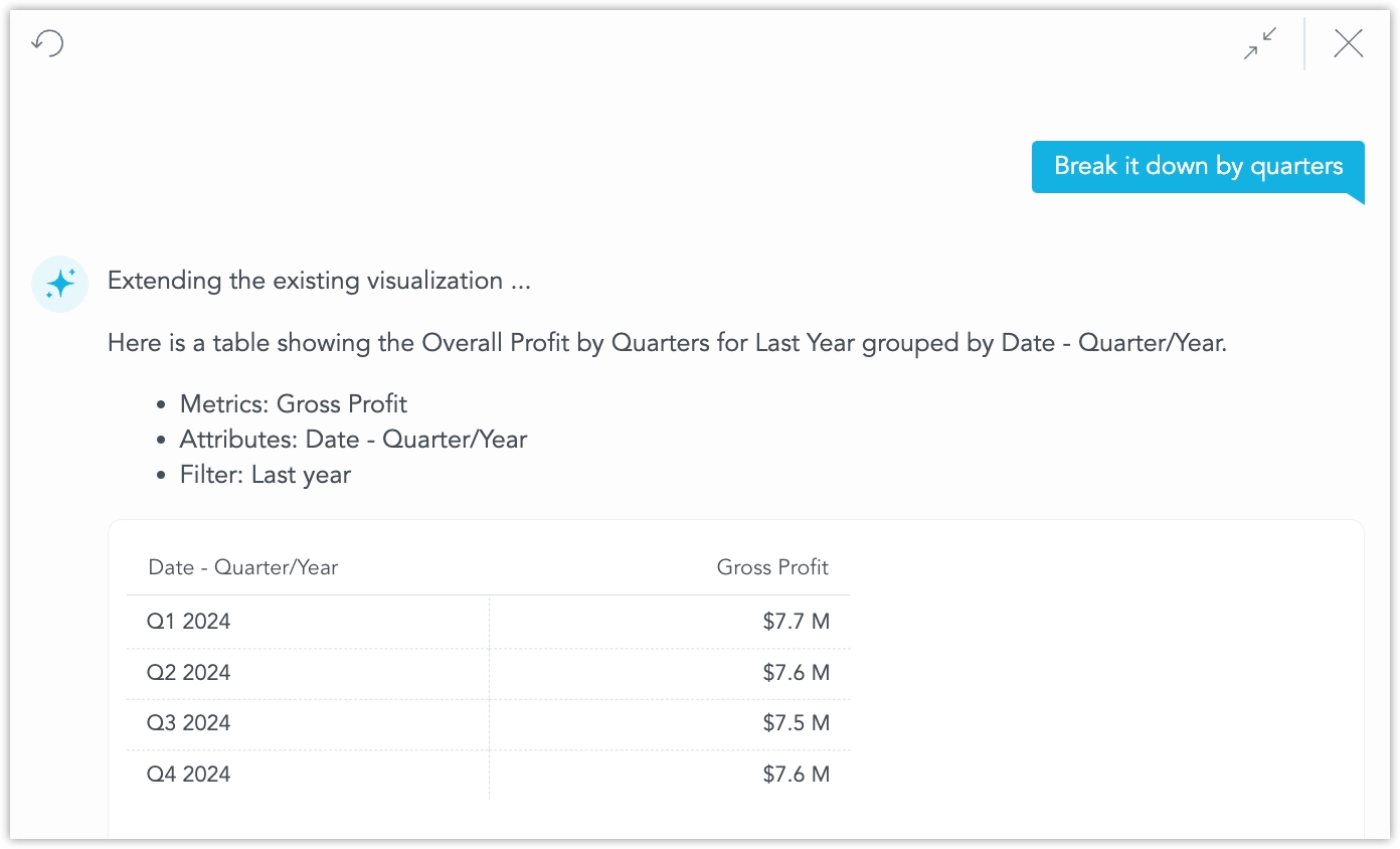 The assistant showing query 'Break it down by quarters' and a response in form of a table with 4 rows, each showing profit for a quarter.