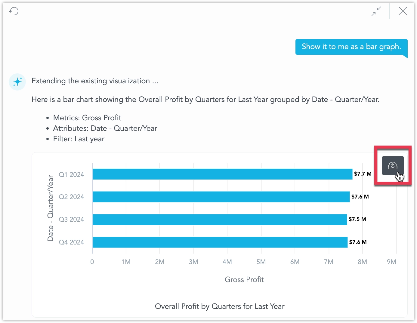 The assistant showing the mouse cursor hovering over the visualization and the save button showing up.