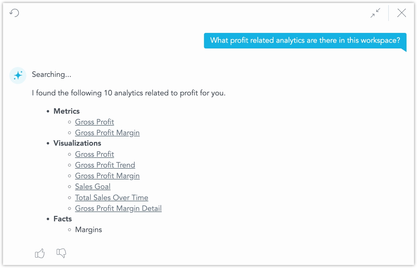 The assistant showing query 'What profit related analytics are there in this workspace?' and the response being a list of metrics, visualization and facts, each showing up as a clickable link.