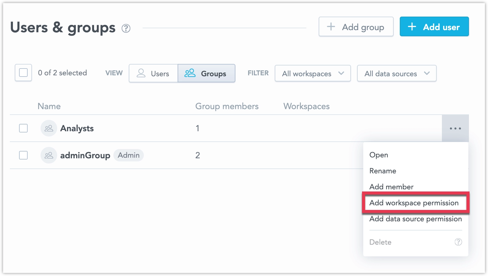 User and groups page showing the ... (ellipsis) menu being opened and the Add workspace permission option highlighted.