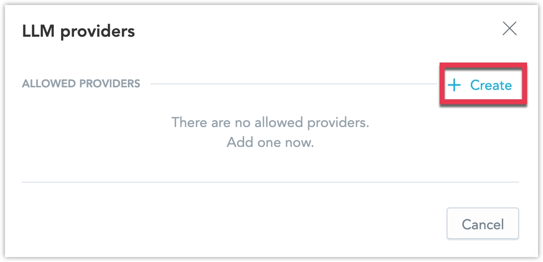 LLM provider catalog dialog with the Create button highlighted.