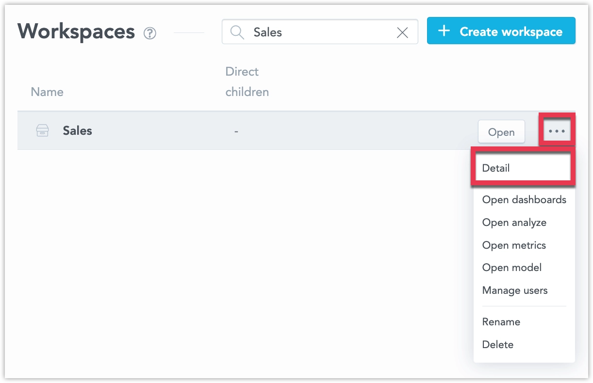 The workspace catalog interface showing the ... menu open for a particular workspace and the Detail option highlighted.