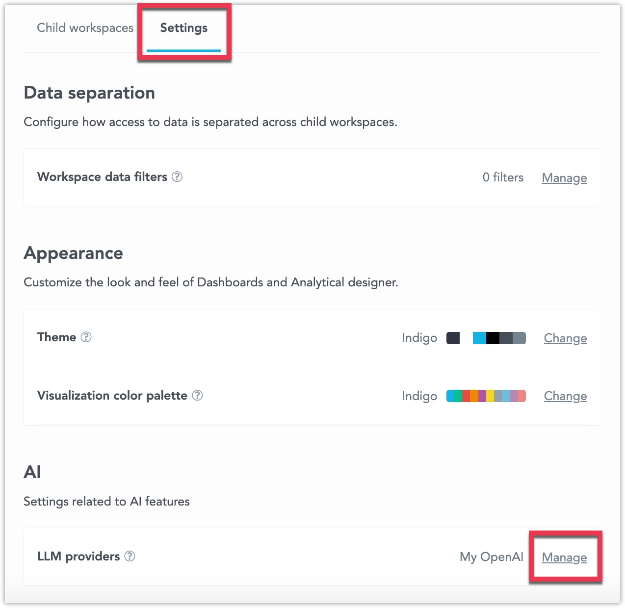 The workspace detail tab highlighting the AI model settings and the Manage button.