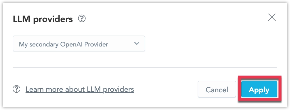 Manage LLM providers dialog showing a selected provider and model and highlighting the Apply button.