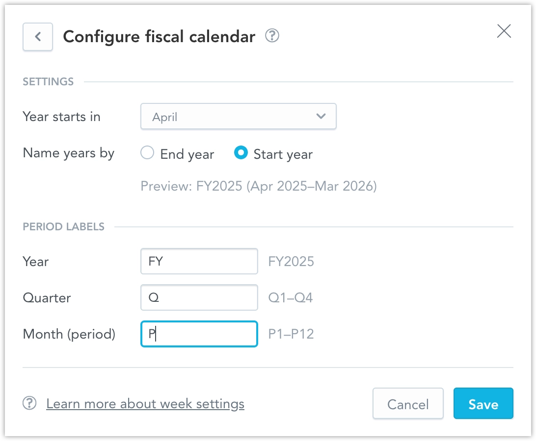 Calendars settings dialog.