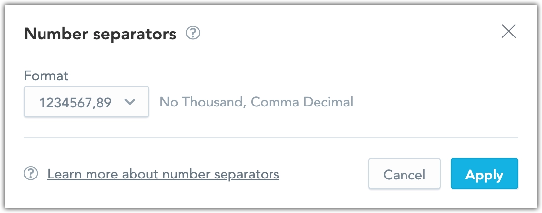 The Number separators dialog with a number format dropdown.
