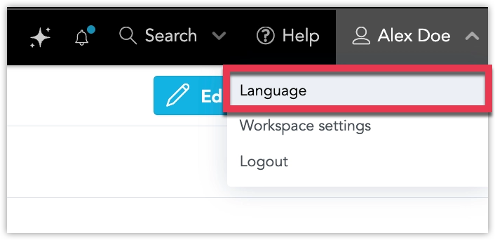 The user menu open, with Language above Workspace settings and Logout.