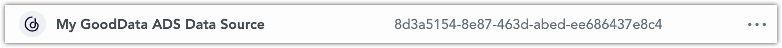 The list of data sources displaying the newly created GoodData ADS data source, including its name and unique ID.