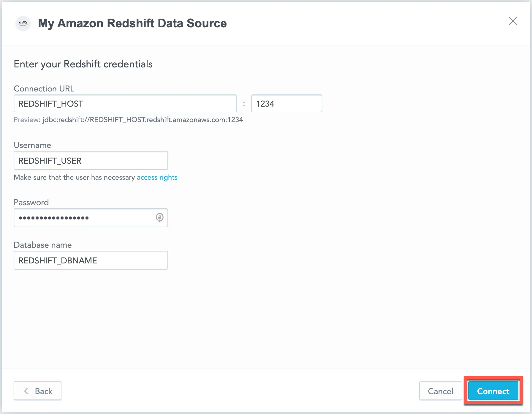 Form to enter credentials for a Redshift data source. Fields include the Data Source Name, Connection URL, Username, Password, and Database Name.