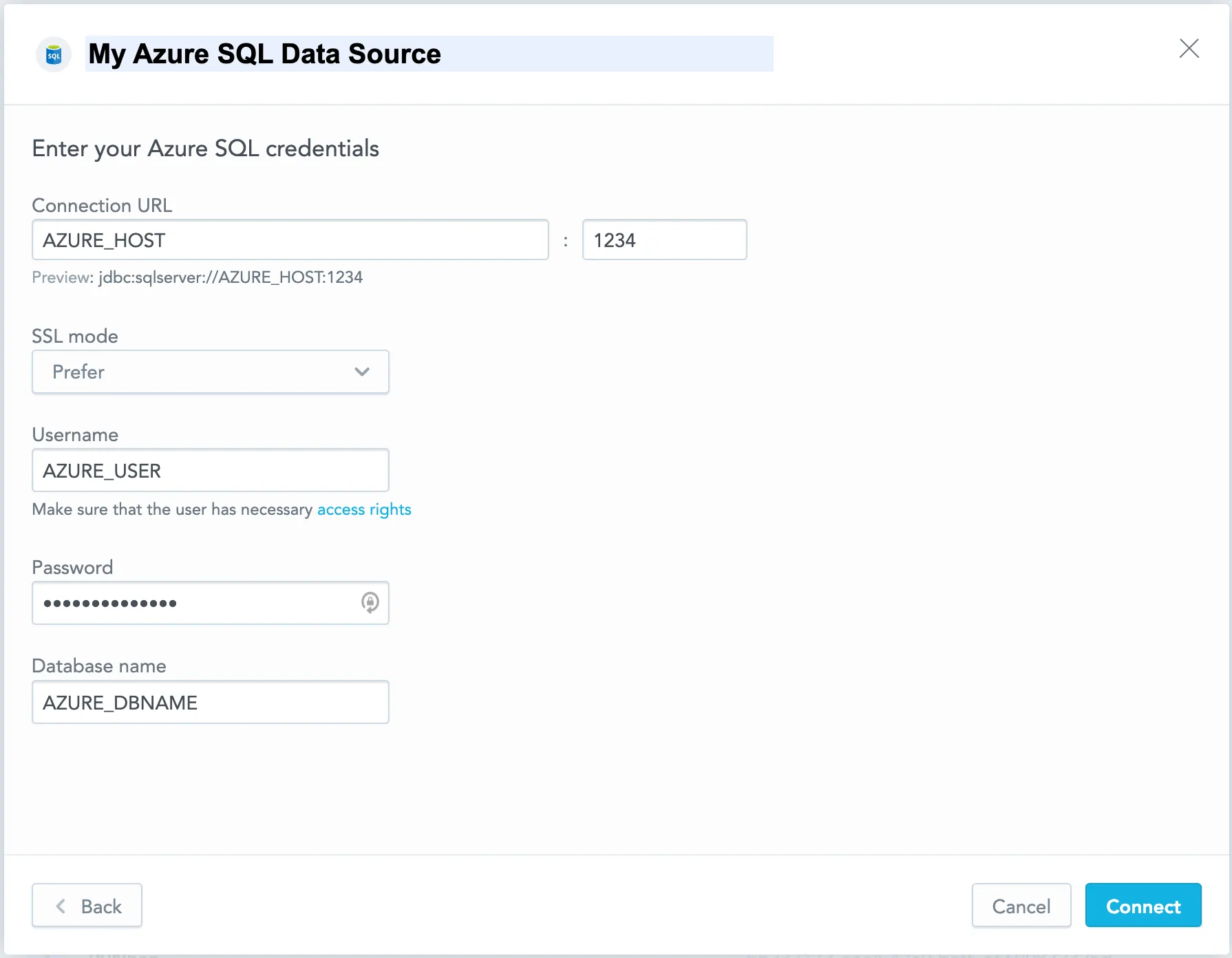 The dialog used to enter credentials for the Azure SQL data source. Fields include the Data Source Name, Connection URL, SSL Mode, Username, Password, and Database Name.
