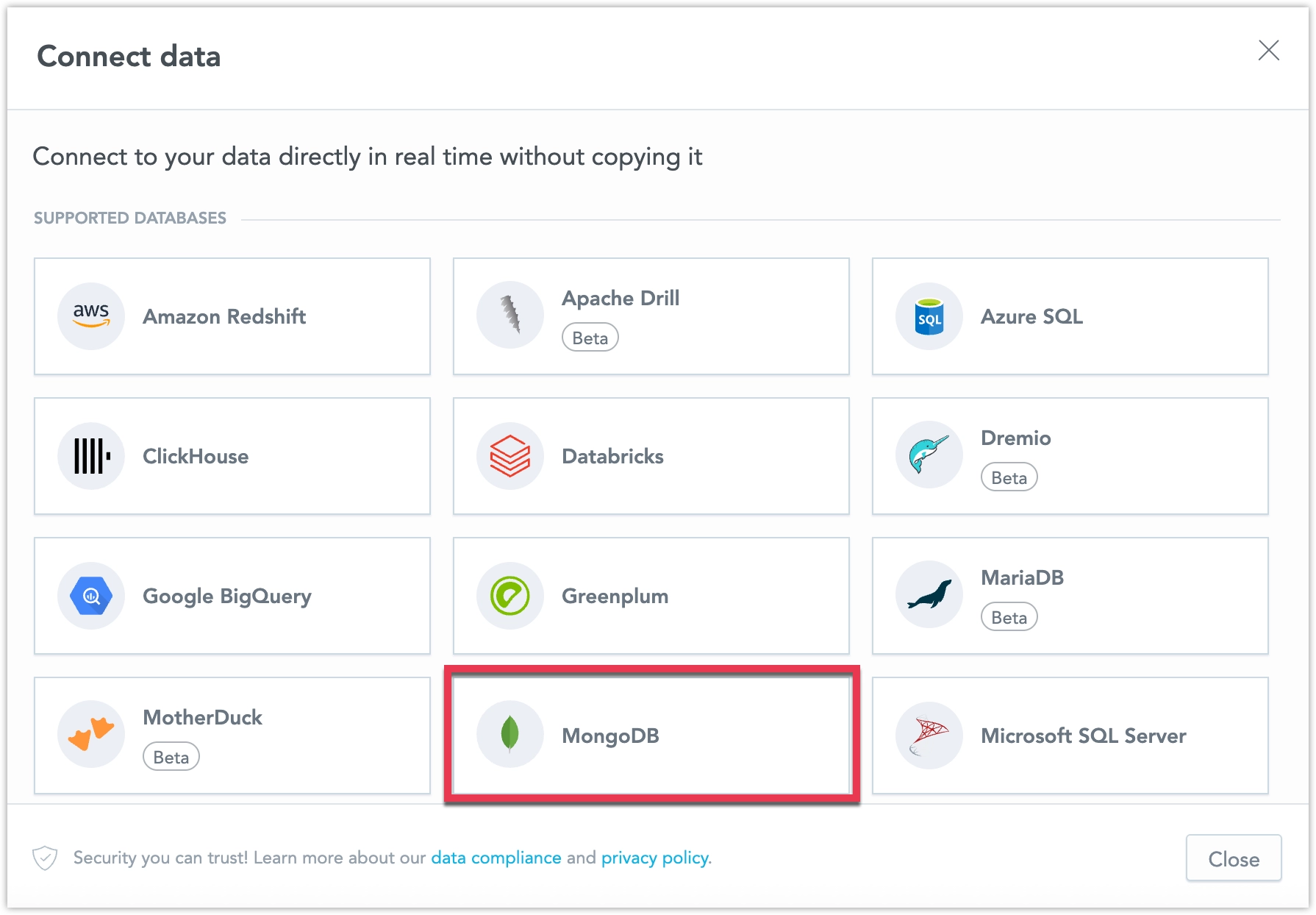 Dialog showing available data source types with the MongoDB option highlighted.