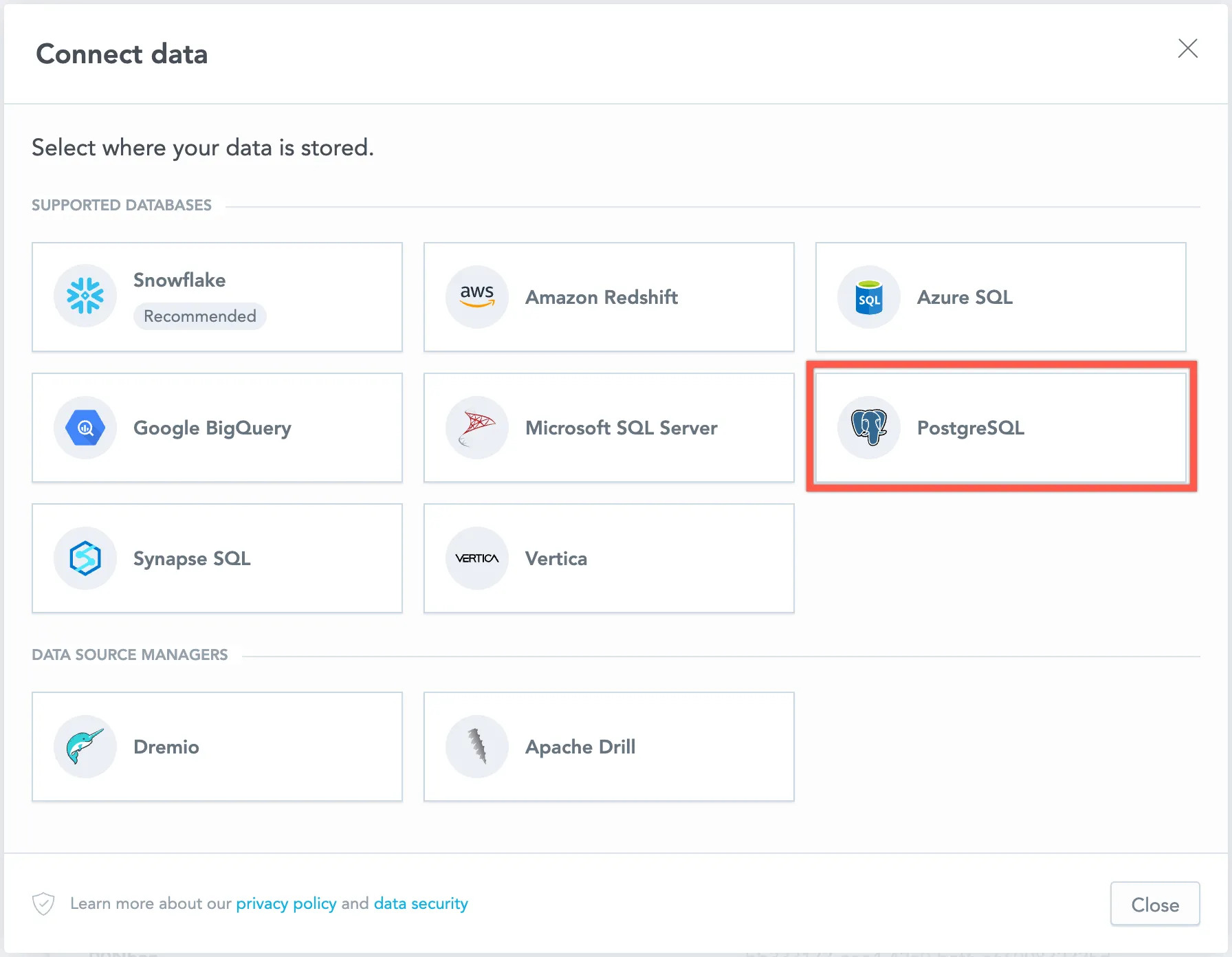 Dialog showing available data source types with the PostgreSQL option highlighted.