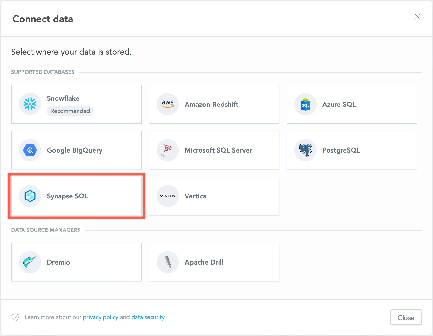 Dialog showing available data source types with the Synapse SQL option highlighted.