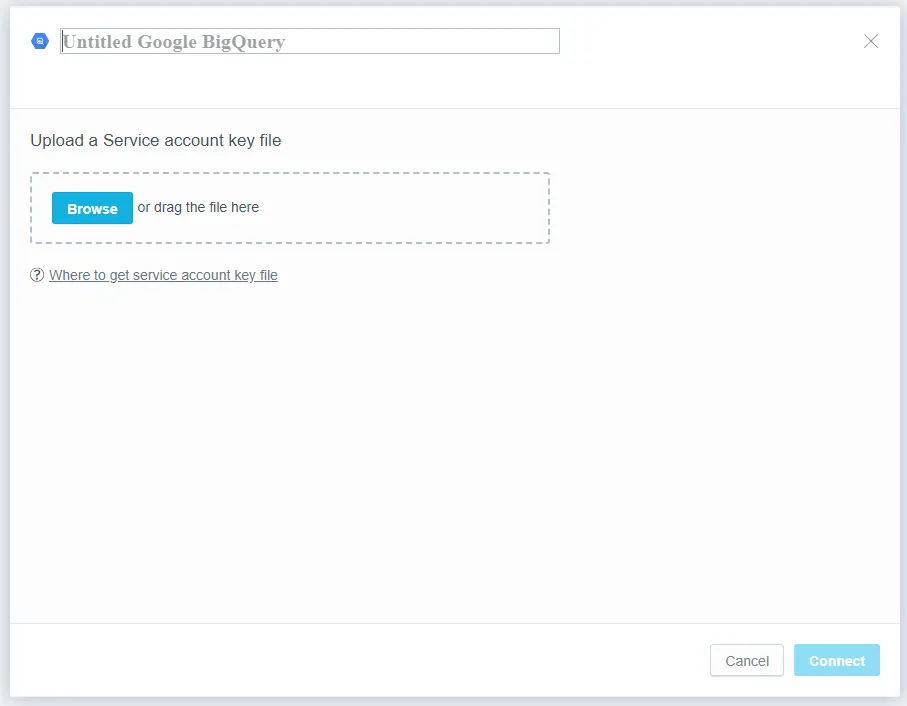 Dialog with a text field for naming the data source and an upload option for the service account key file.