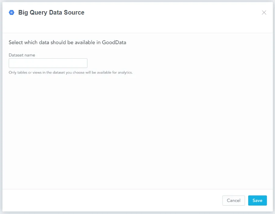 Dialog showing a single field to specify the name of the dataset that you want to use in GoodData.