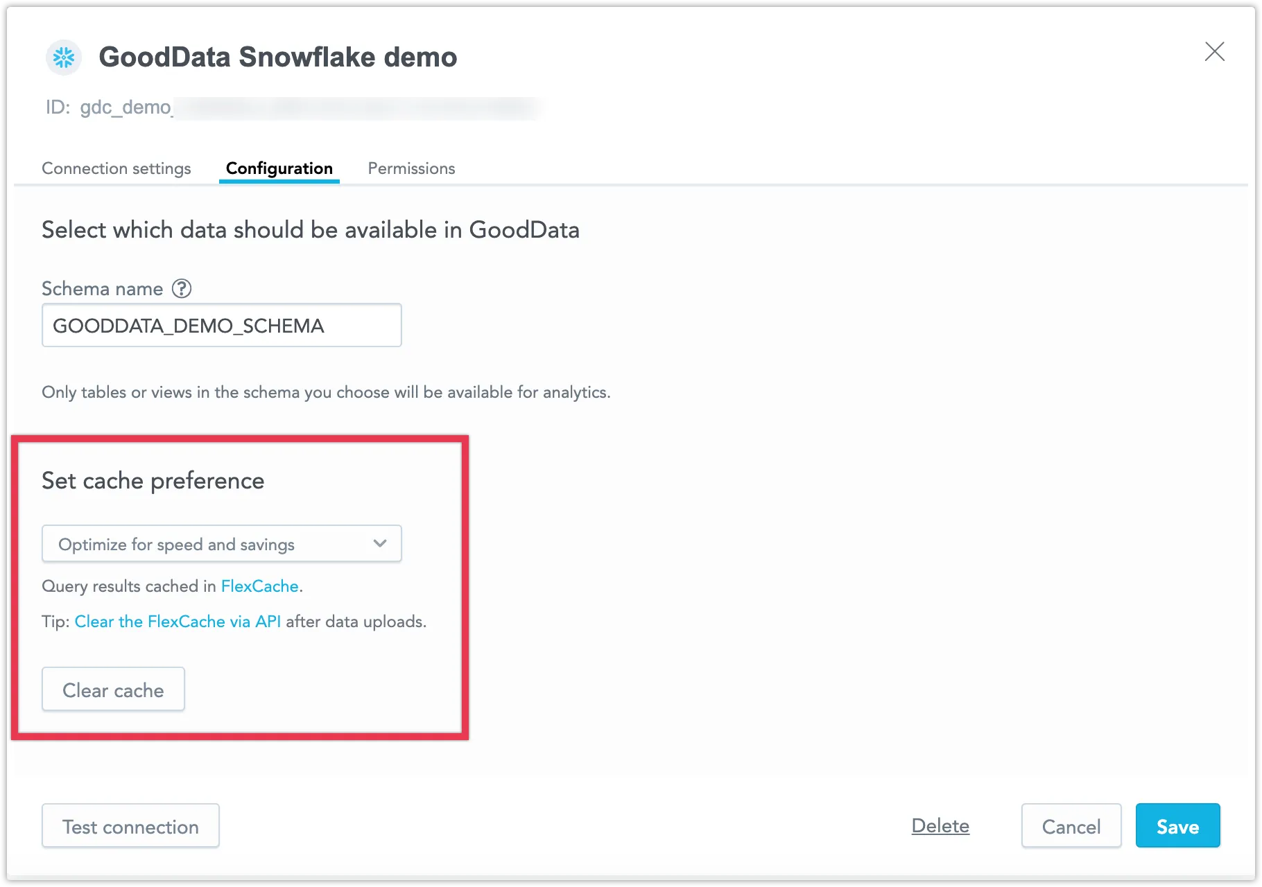 Configuration screen of an existing data source with the cache preference dropdown set to Optimize for speed and savings. The Clear cache button below this field is visible.