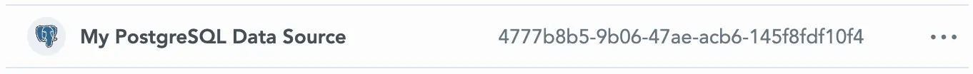 The list of data sources displaying the newly created PostgreSQL data source, including its name and unique ID.