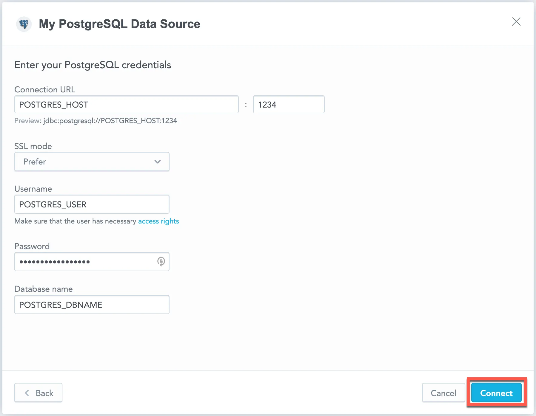 Form to enter credentials for a PostgreSQL data source. Fields include the Data Source Name, Connection URL, a SSL Mode selector, Username, Password, and Database Name.