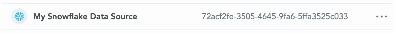 The list of data sources displaying the newly created Snowflake data source, including its name and unique ID.
