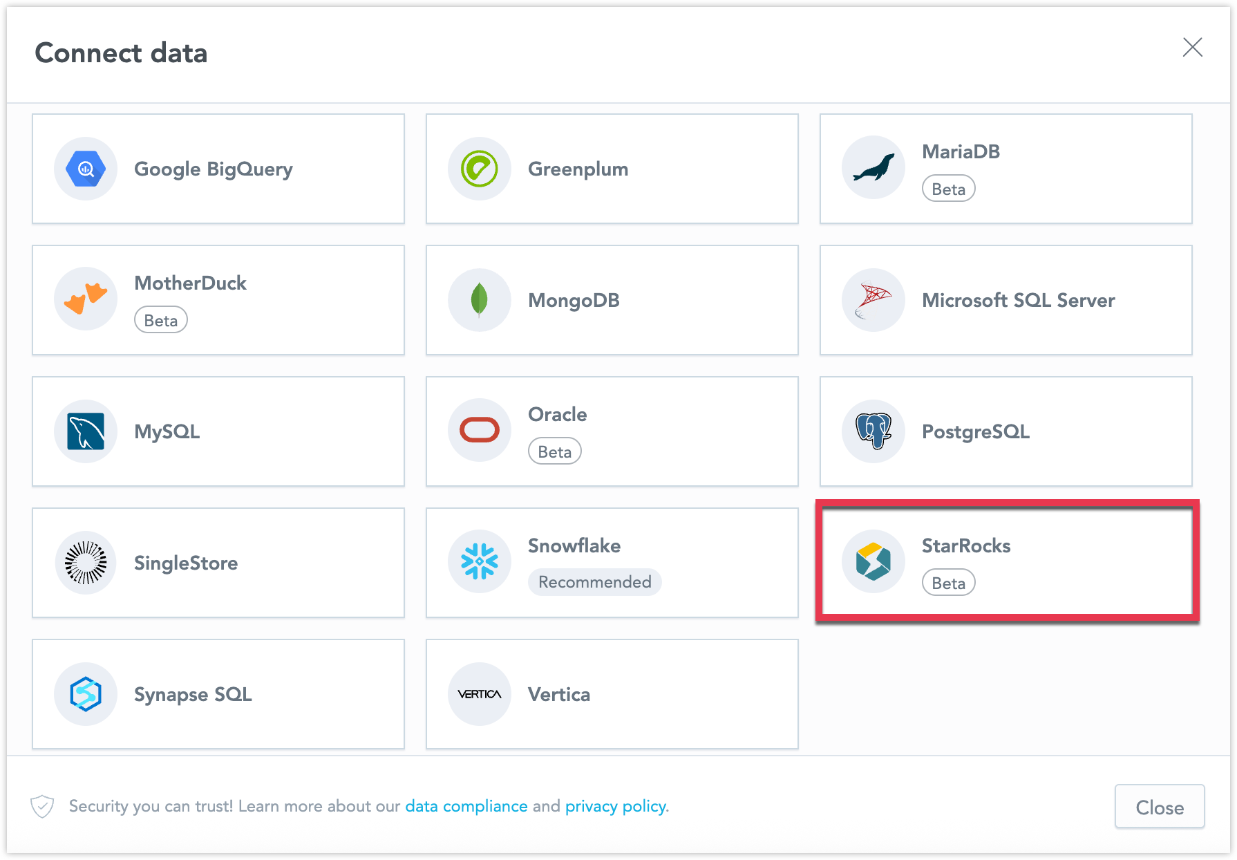 Screenshots of the StarRocks data source.
