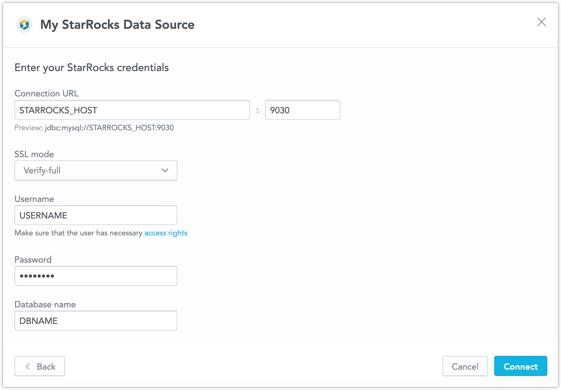 The dialog used to enter credentials for the StarRocks data source. Fields include the Data Source Name, Connection URL, a SSL Mode selector, Username, Password, and Database Name.
