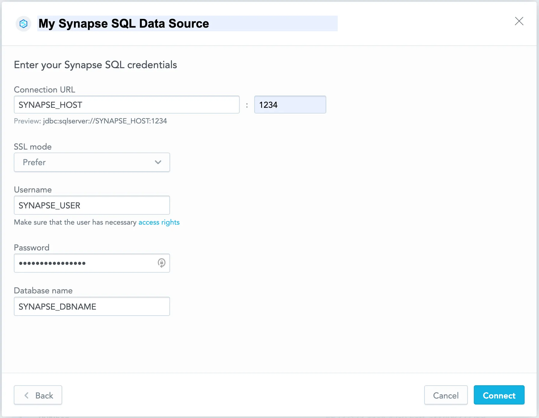 The dialog used to enter credentials for the Synapse SQL data source. Fields include the Data Source Name, Connection URL, a SSL Mode selector, Username, Password, and Database Name.