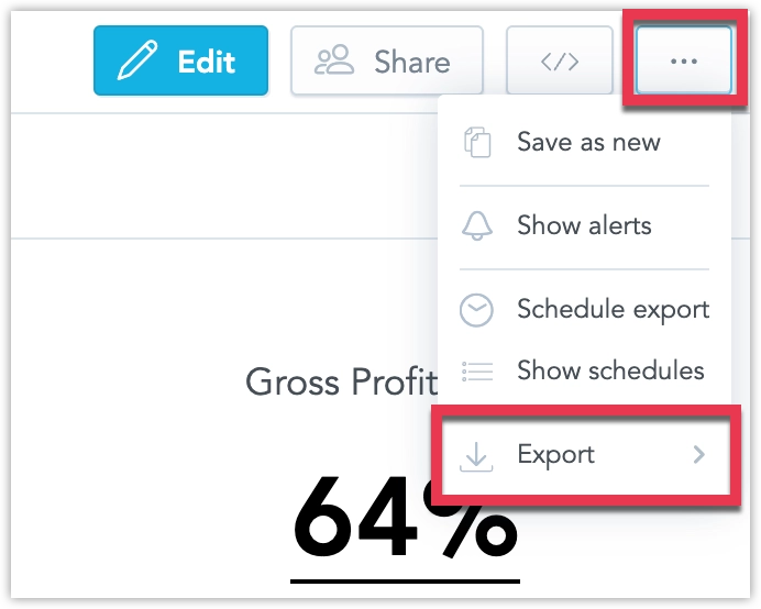 Clicking the ellipsis button in the top-right corner of a dashboard opens a menu. There, the Export option is highlighted.
