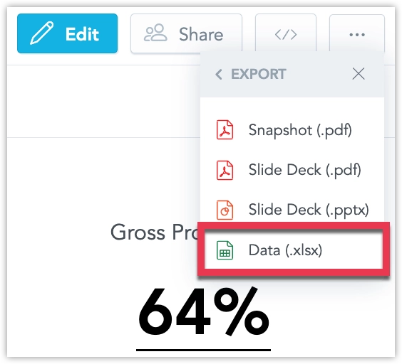 Export format menu showing Data (.pptx) option highlighted.