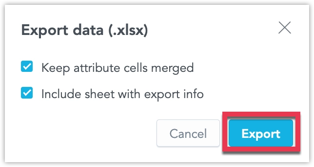 Export data dialog showing two toggleable options, toggled on by default.
