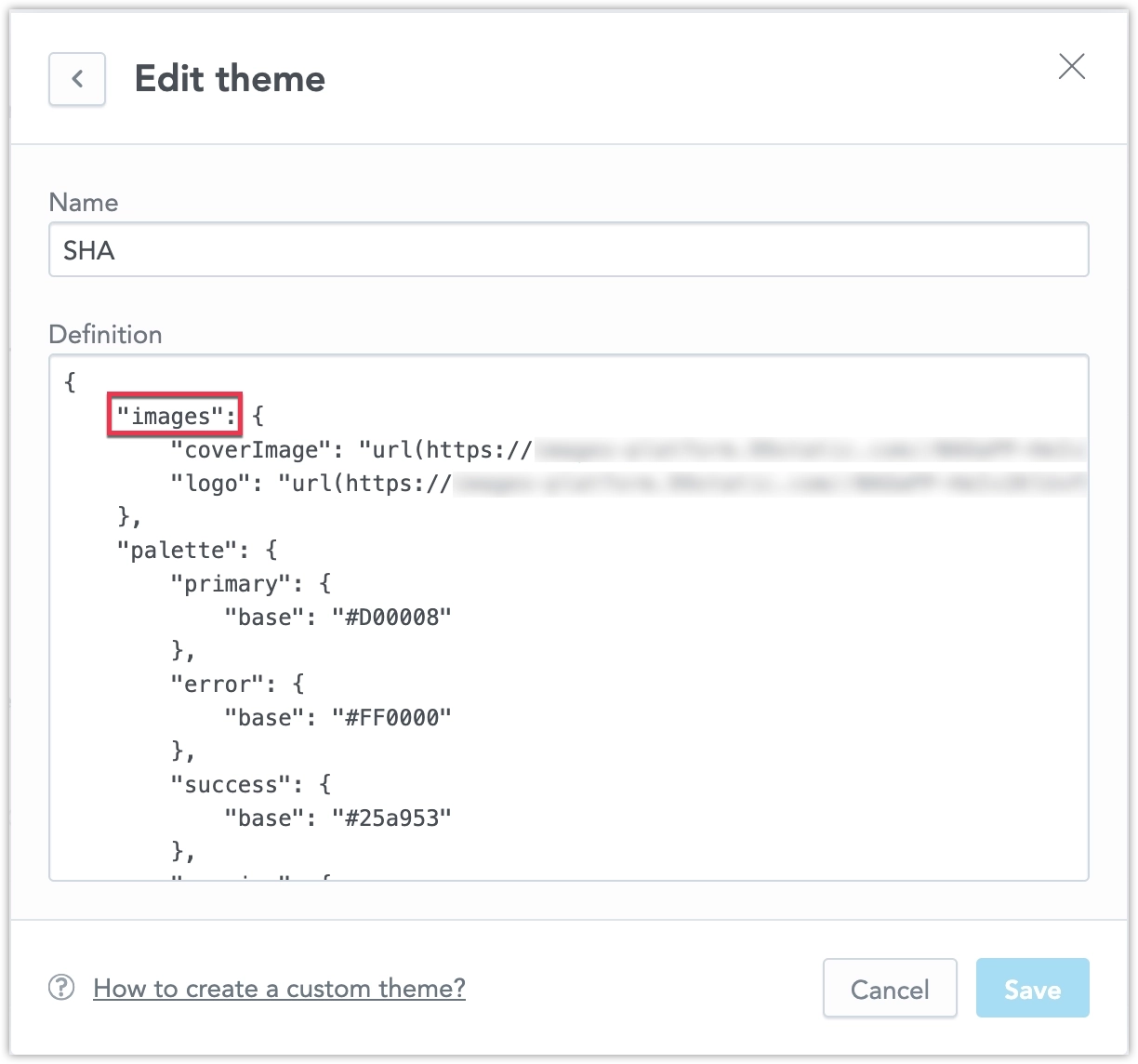 Screenshot of part of a theming definition that includes the coverImage and logo urls.