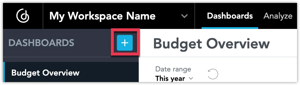 The Create Dashboard button with a plus symbol is highlighted at the top of the left panel, above the list of existing dashboards.