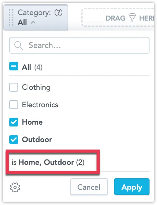 The Category attribute filter dropdown is open with Home and Outdoor selected.